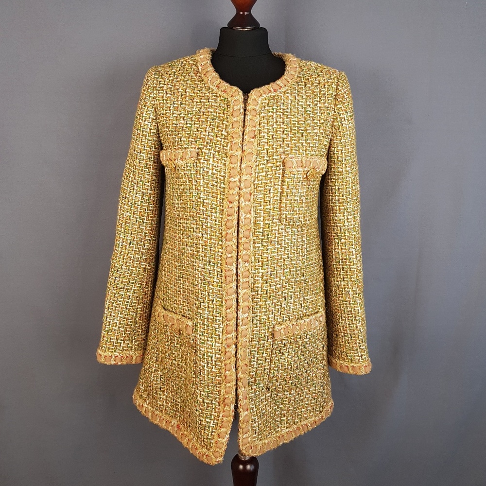 Chanel Tweed Wool Blazer Coat Zip Womens Size M